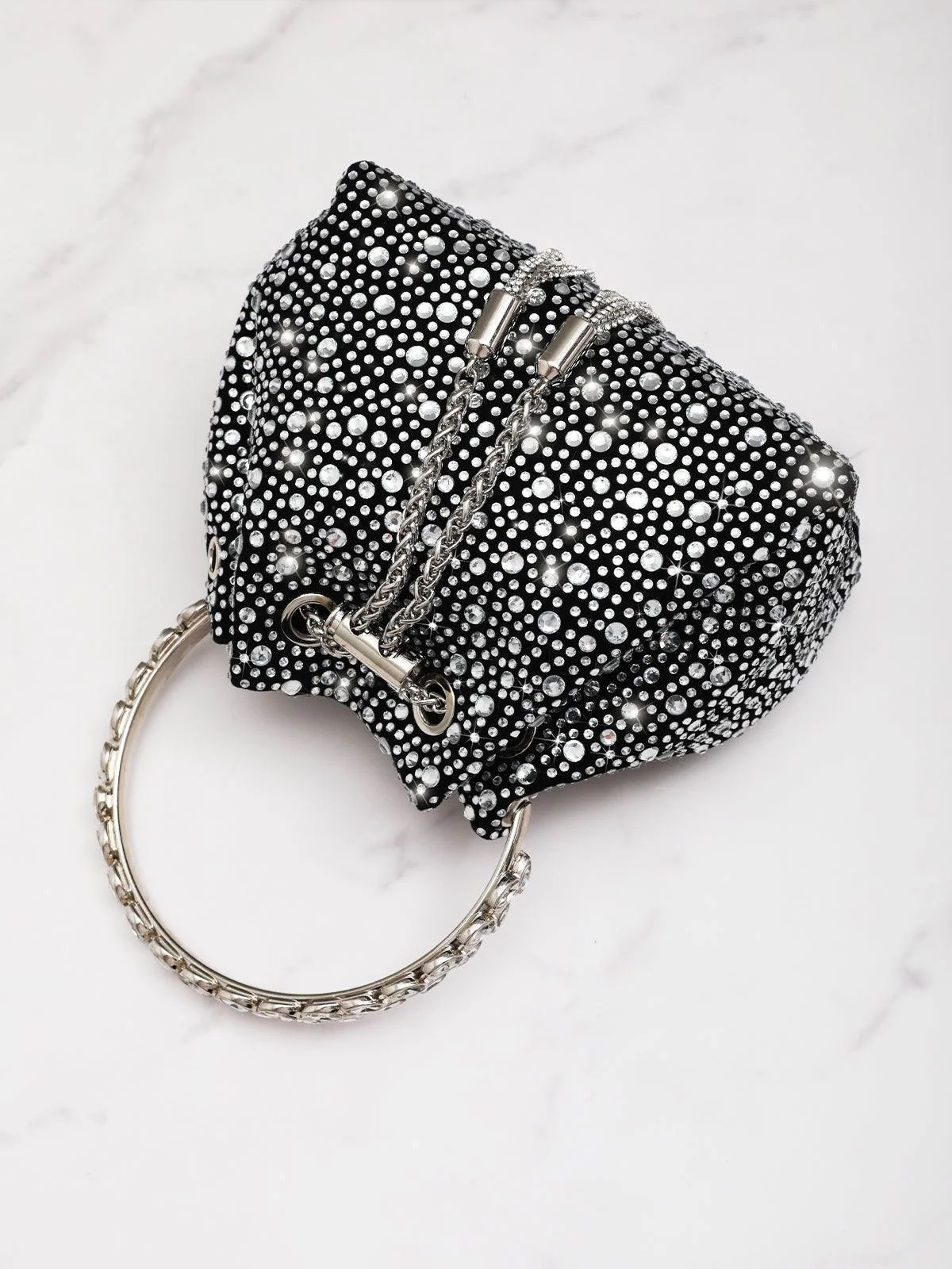 Black Crystal Embellished Bucket Bag with Drawstring Chain
