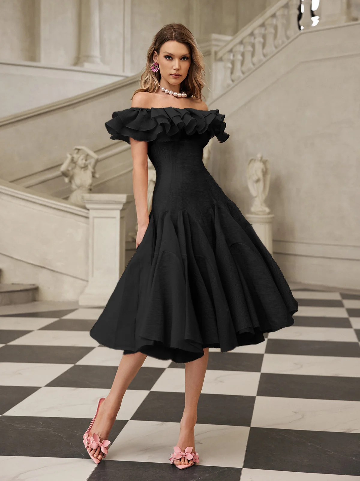 Black Off Shoulder Midi Ruffle Dress - Elegant & Versatile