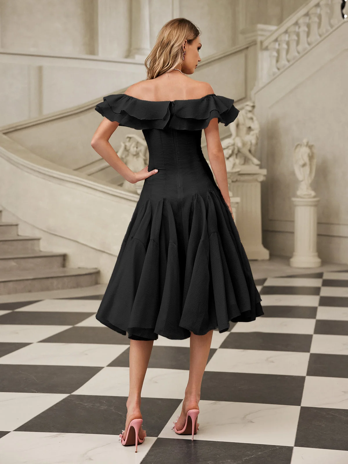 Black Off Shoulder Midi Ruffle Dress - Elegant & Versatile