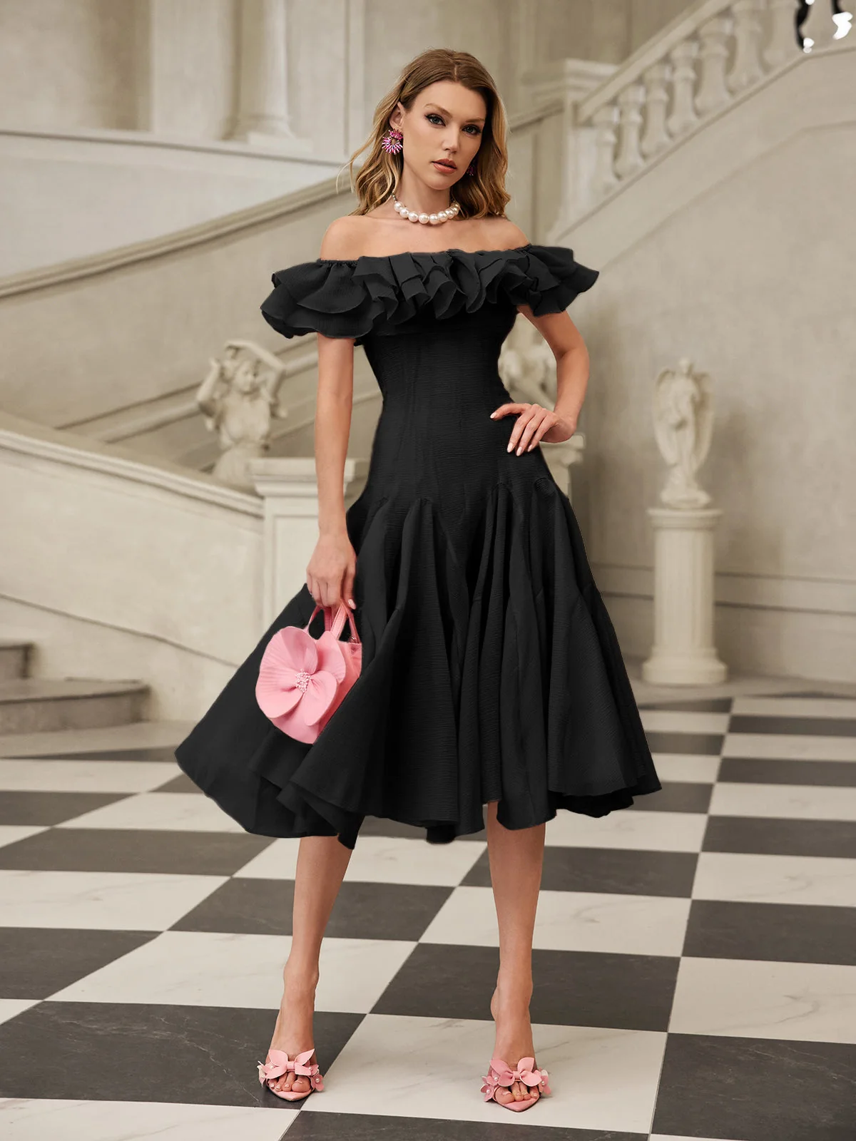 Black Off Shoulder Midi Ruffle Dress - Elegant & Versatile
