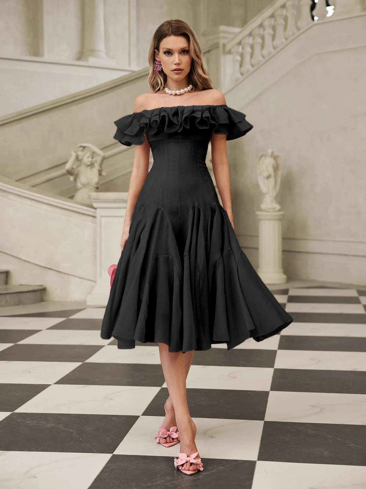 Black Off Shoulder Midi Ruffle Dress - Elegant & Versatile