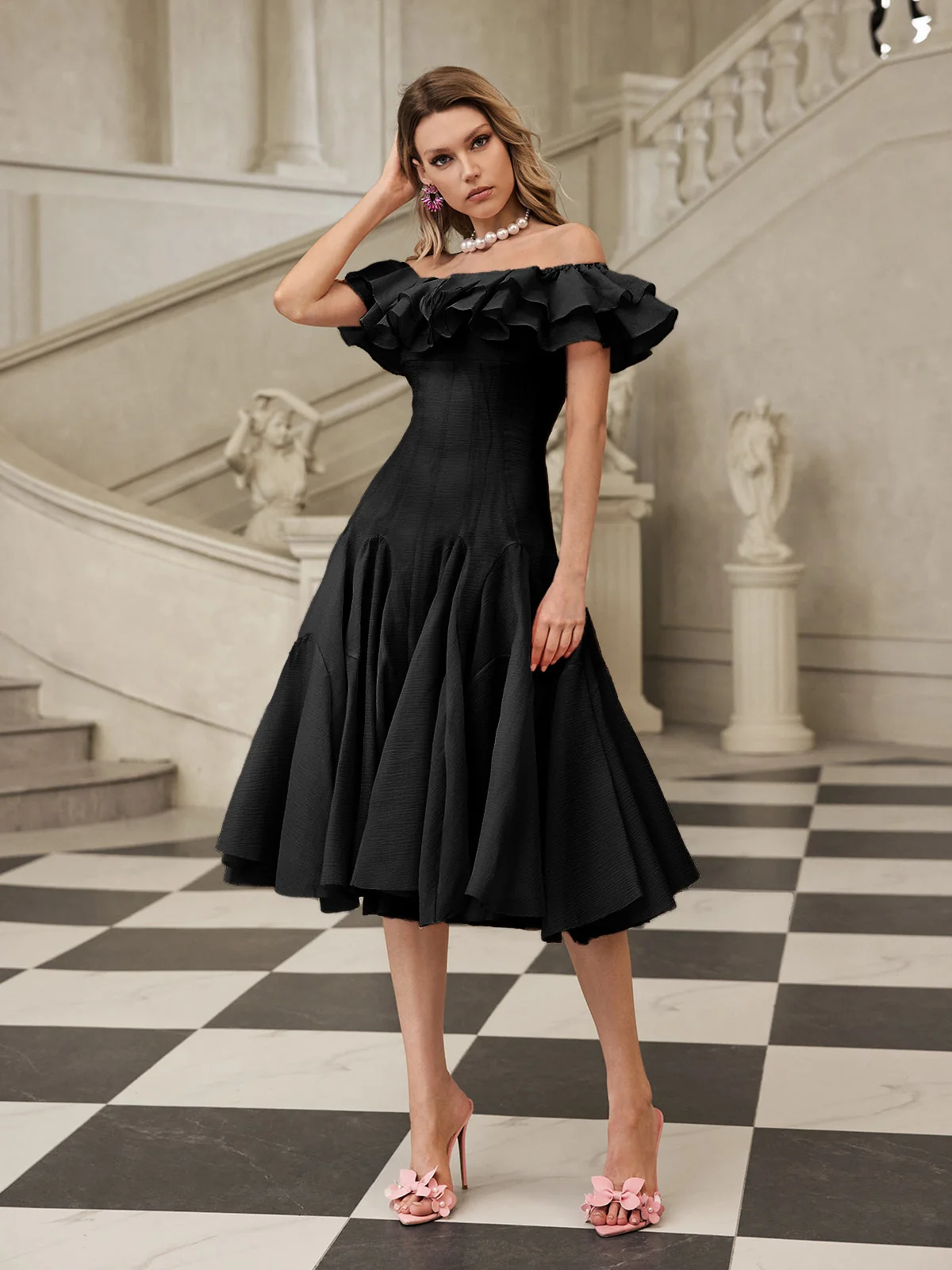 Black Off Shoulder Midi Ruffle Dress - Elegant & Versatile