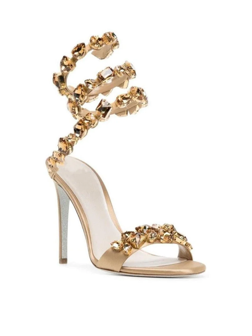 Gold Rhinestone Sandals with Snake Design - Glamorous Footwear