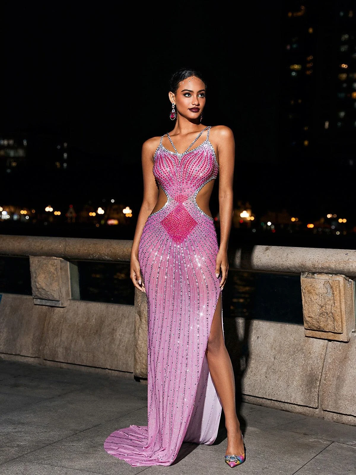 Hot Pink Crystal Cutout Maxi Dress - Elegant Grey Design