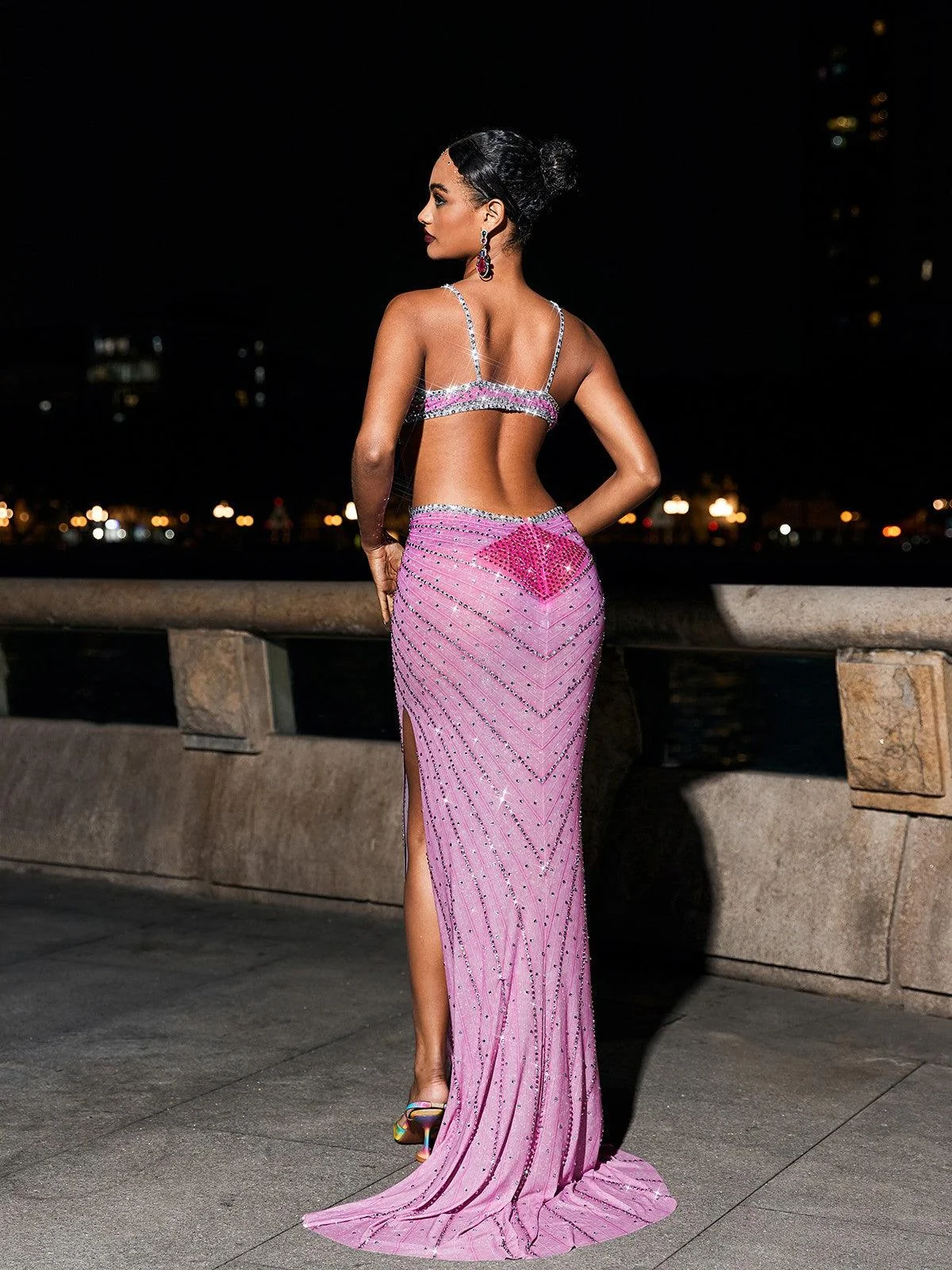 Hot Pink Crystal Cutout Maxi Dress - Elegant Grey Design