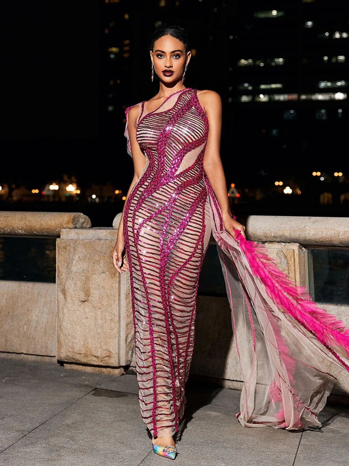 Hot Pink Sequin Mesh Draped Dress