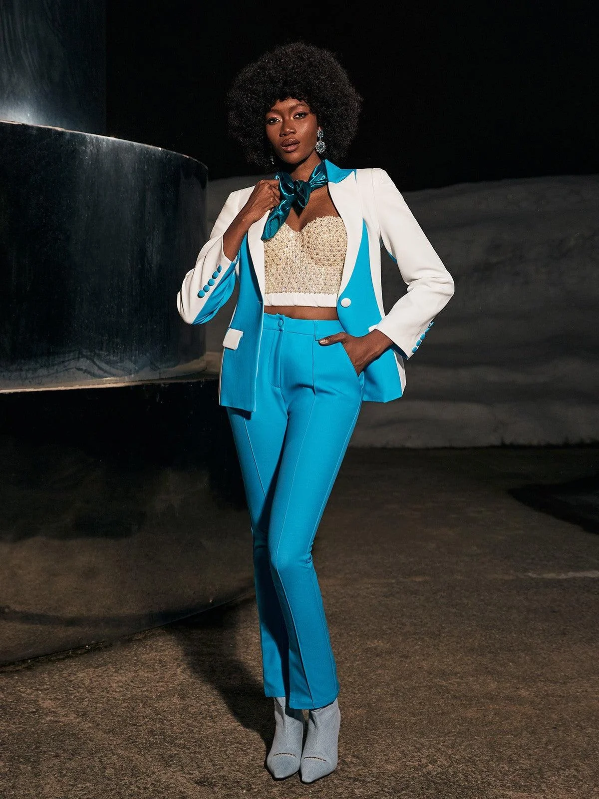 Blue Patchwork Blazer Set with Rita, Elegant Sophistication