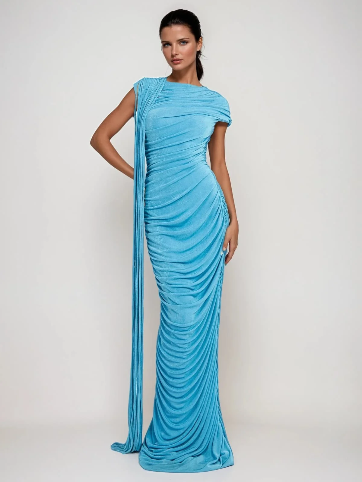 Blue Draped Maxi Dress with Graceful Silhouette