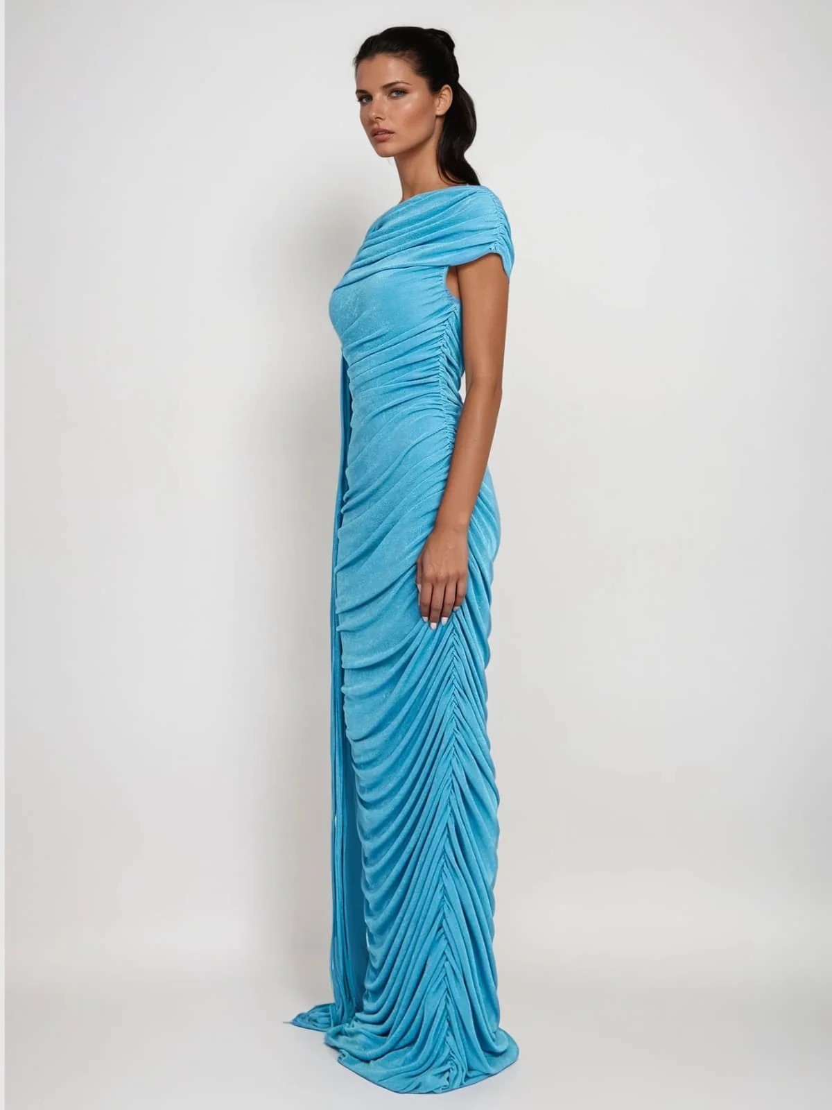 Blue Draped Maxi Dress with Graceful Silhouette