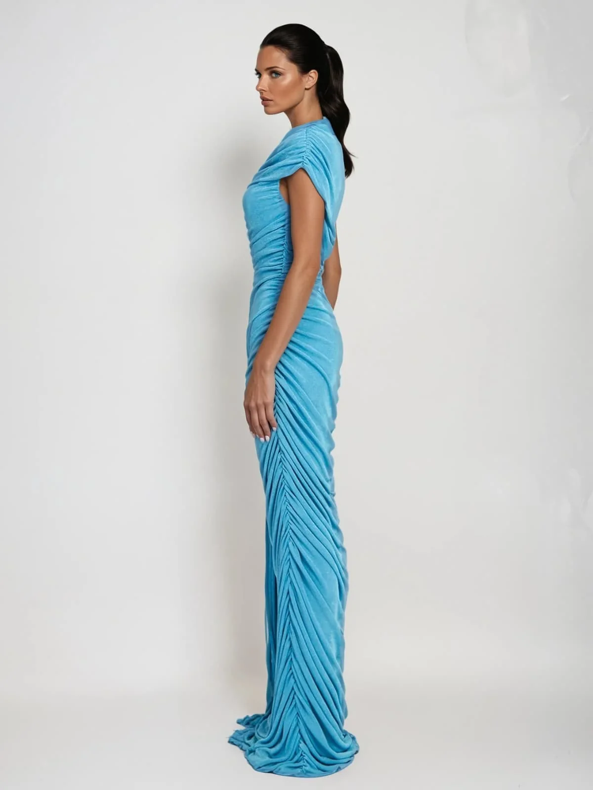 Blue Draped Maxi Dress with Graceful Silhouette