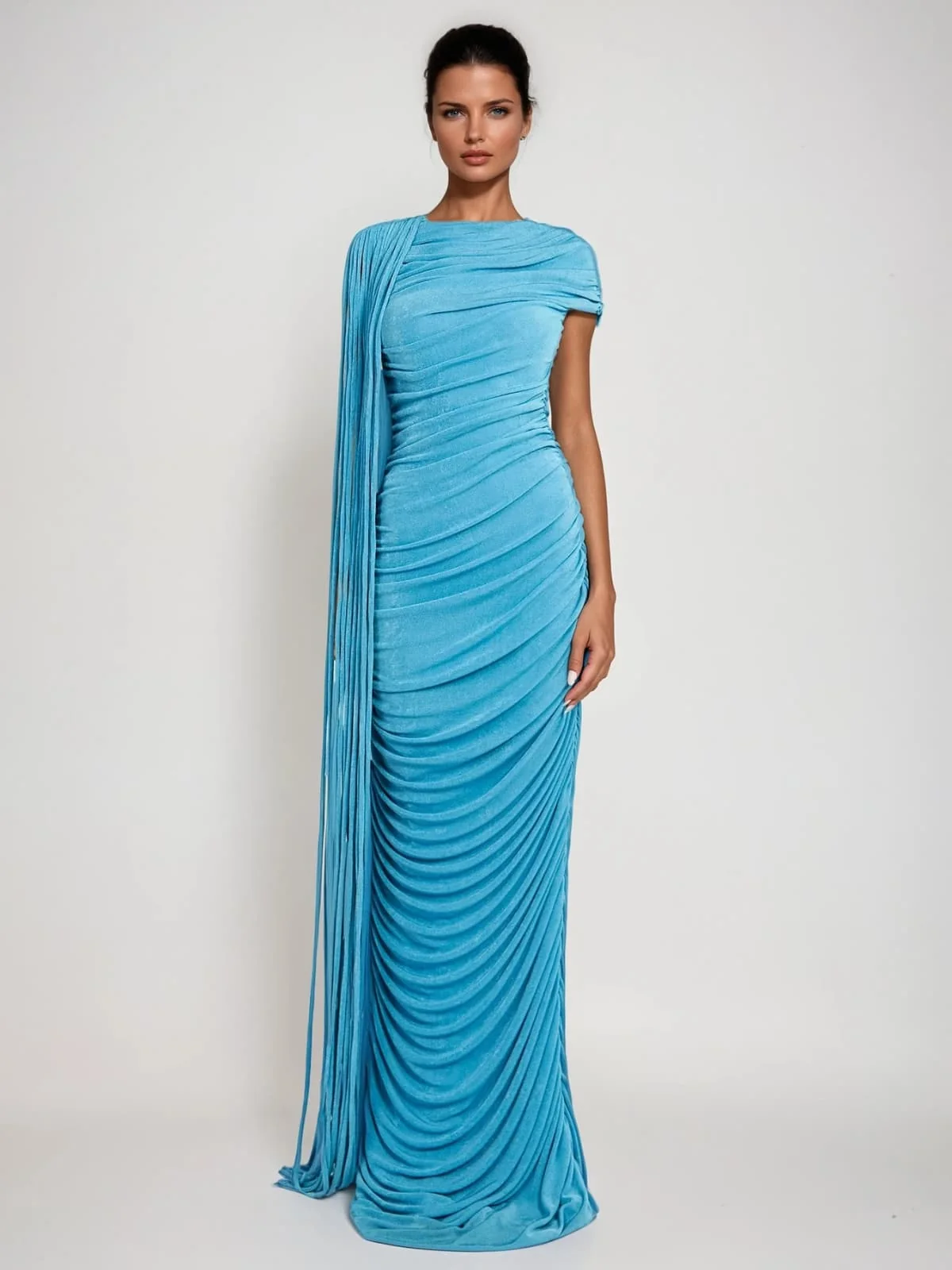 Blue Draped Maxi Dress with Graceful Silhouette