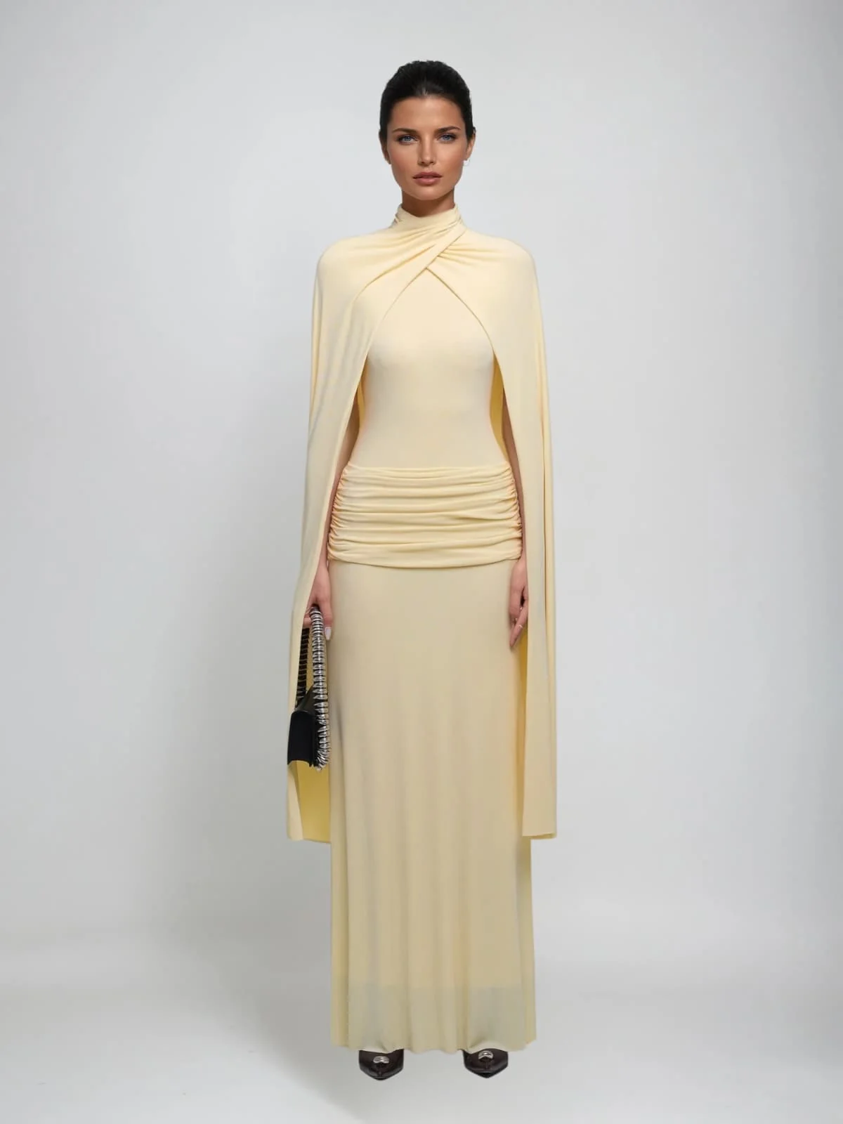 Elegant Ruched Cape Maxi Dress in Multiple Colors