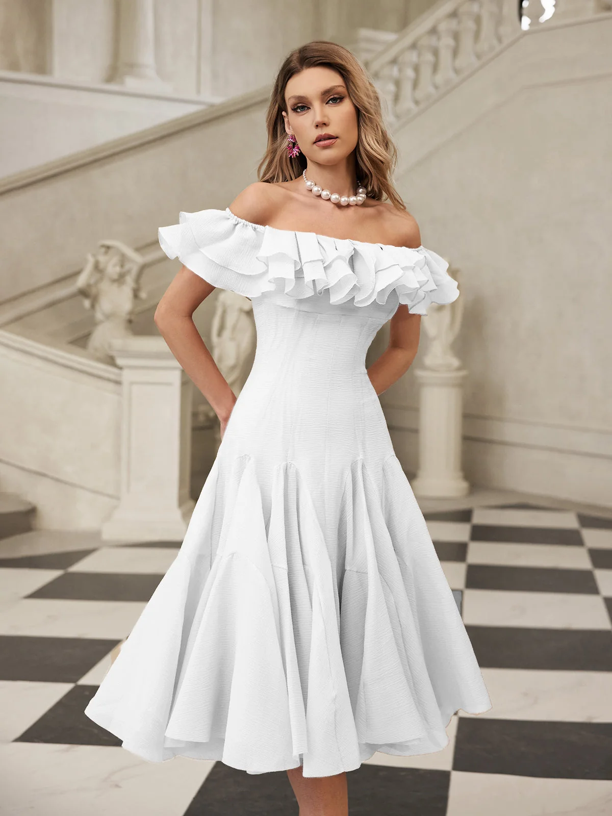 White Off-Shoulder Ruffle Midi Dress - Elegant and Versatile