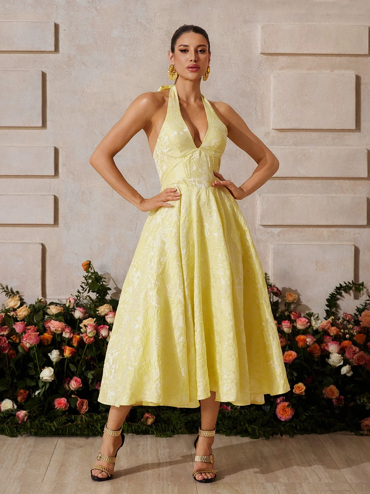 Yellow Floral Lace-Up Midi Dress - Elegant Womens Fashion