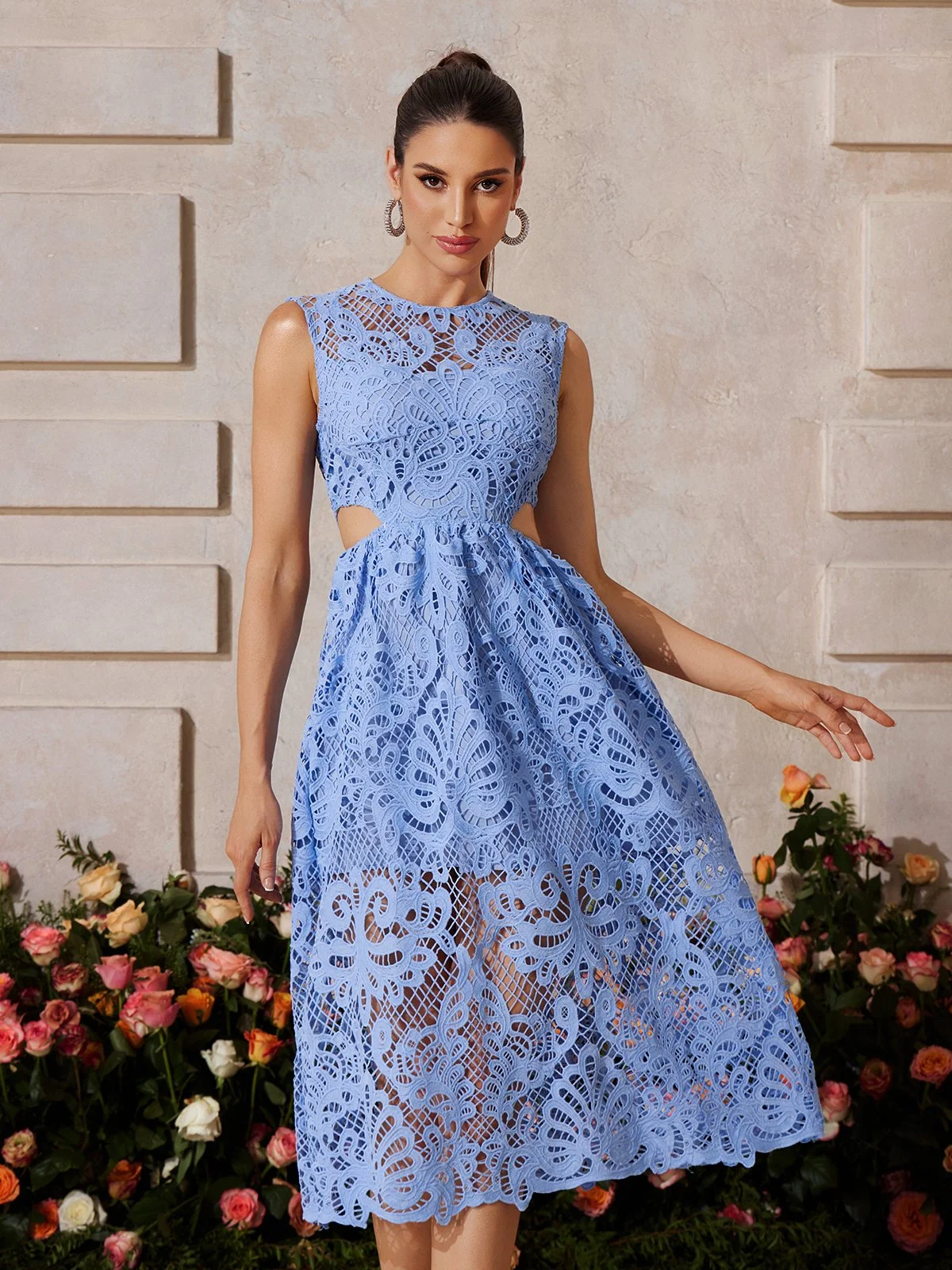 Blue Embroidered Cutout Midi Dress - Elegant French Style