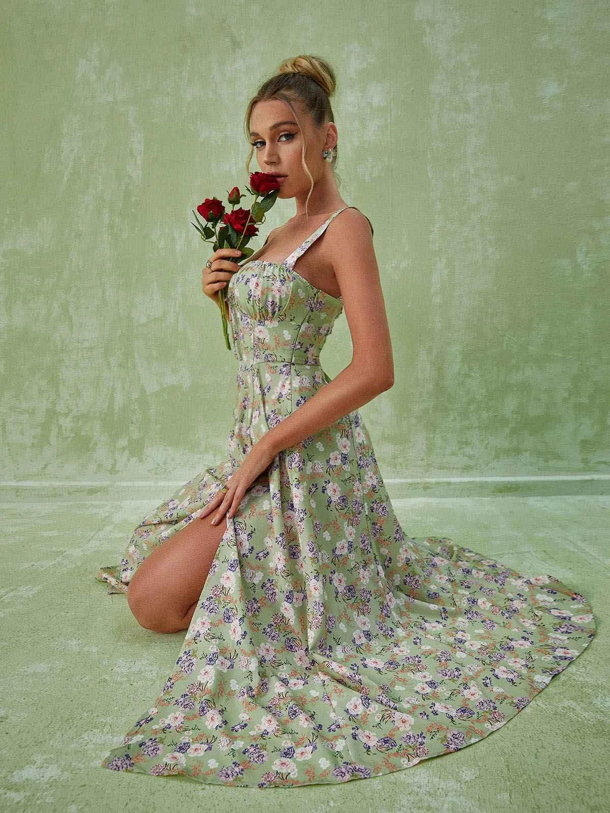 Green Floral Split Elegant Midi Dress
