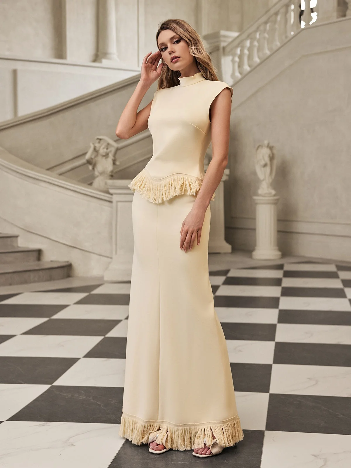 Sleeveless Fringe Skirt Set - Stylish Party Ensemble