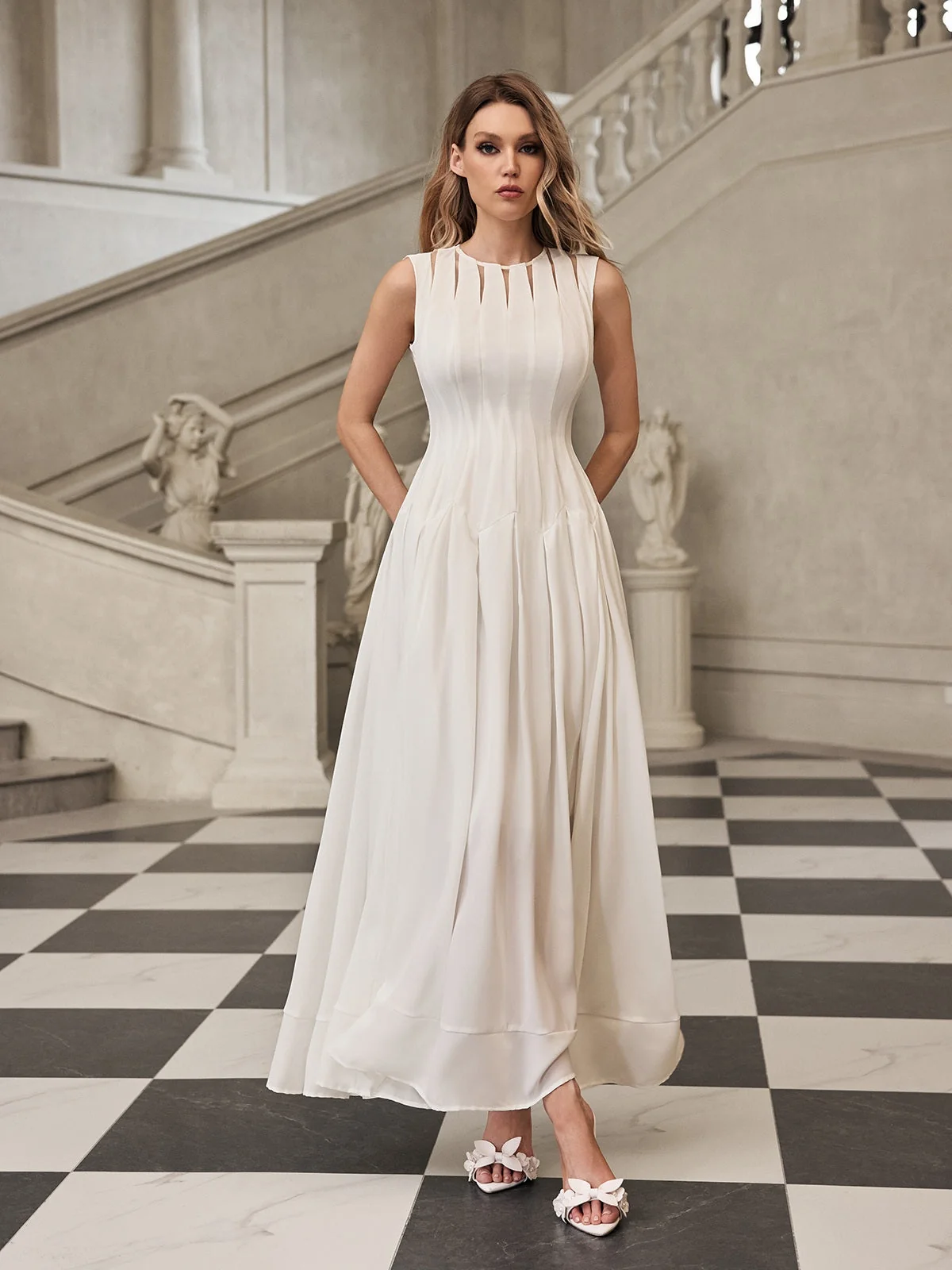 White Pleated Maxi Dress for Women