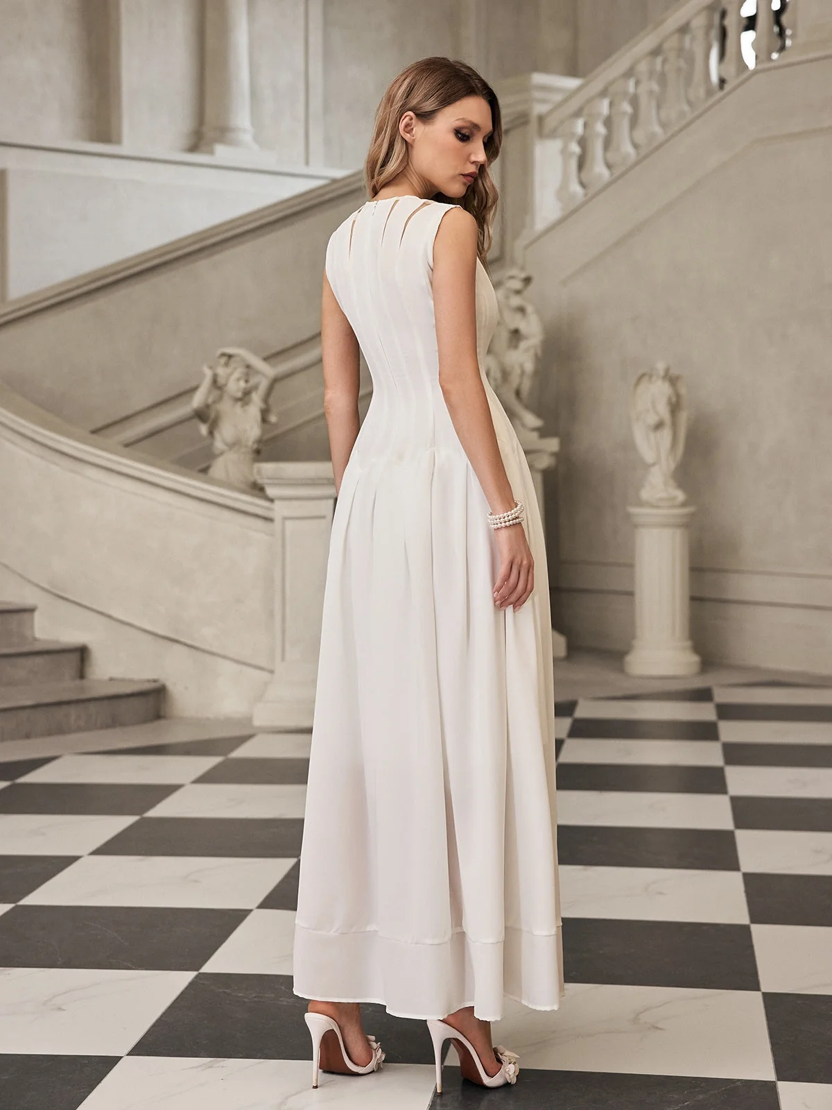 White Pleated Maxi Dress for Women