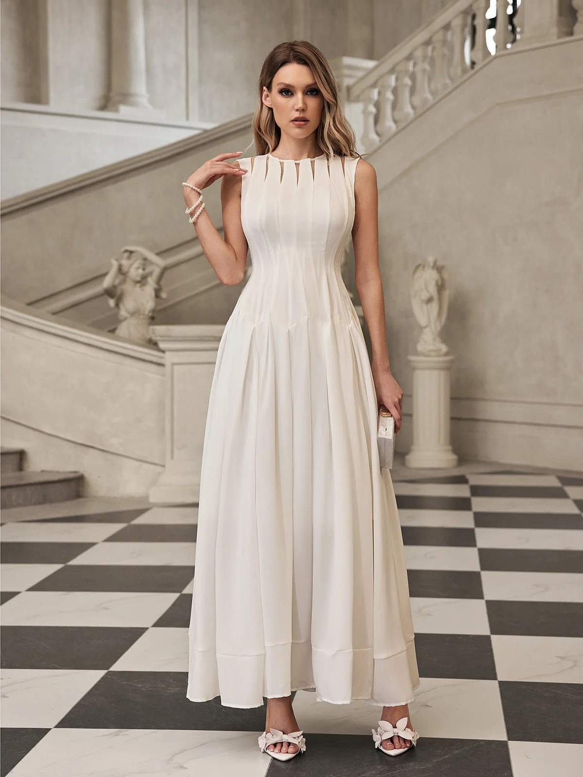White Pleated Maxi Dress for Women