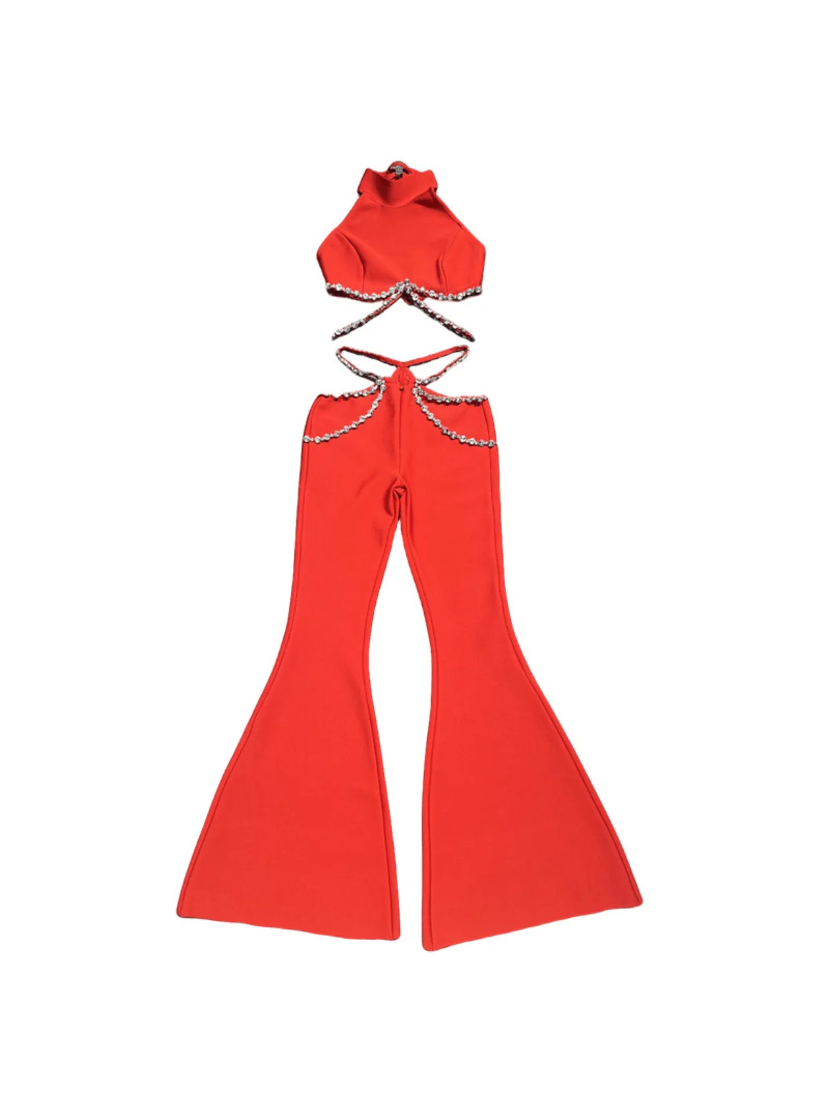 Red Crystal Embellished Halterneck Bandage Pants Set