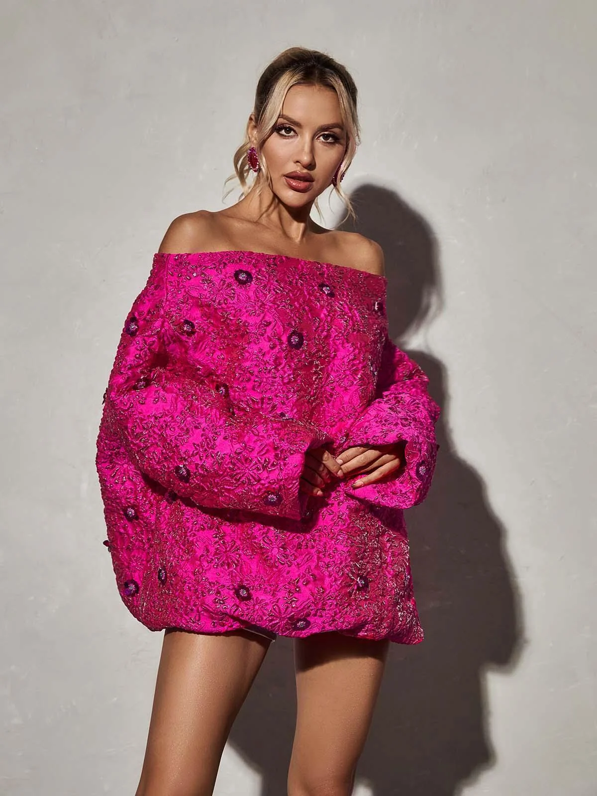 Pink Floral Mini Dress with Long Sleeves