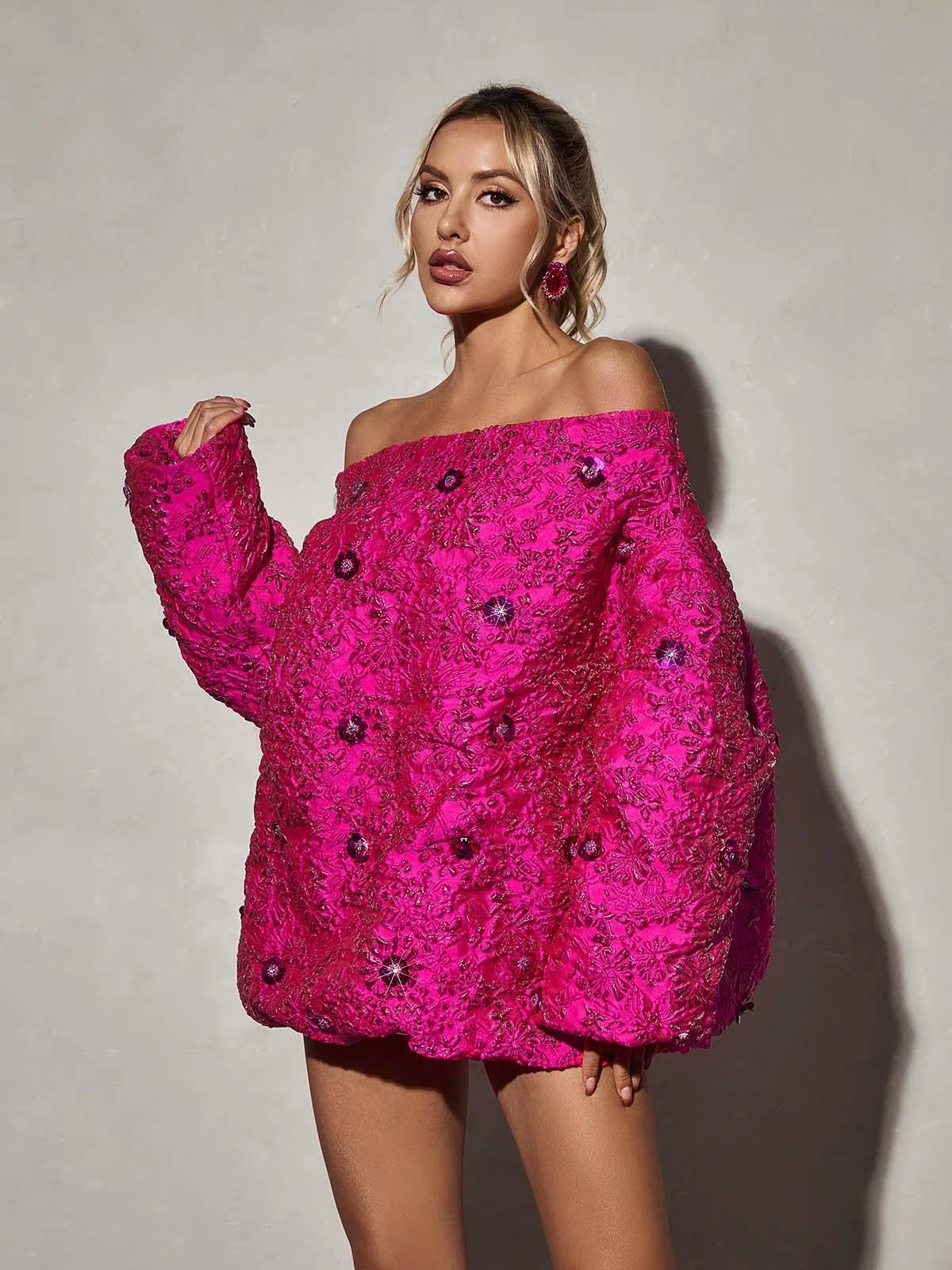 Pink Floral Mini Dress with Long Sleeves