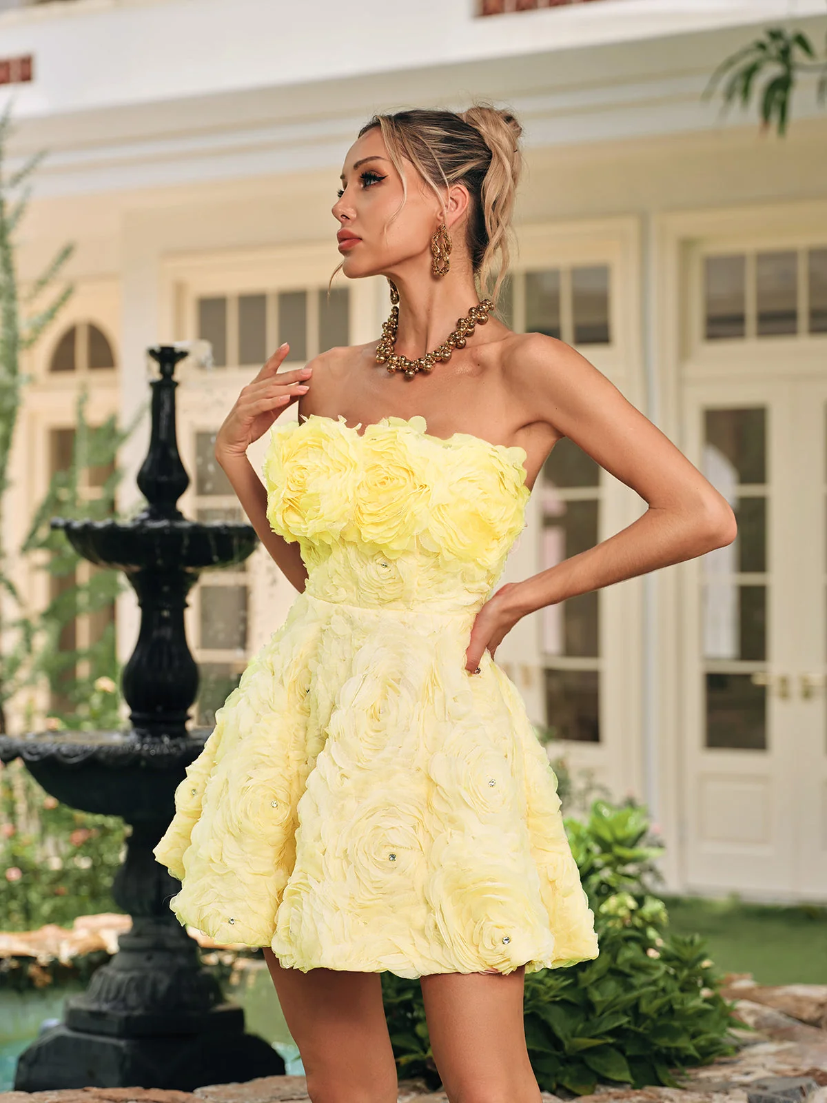 Yellow Strapless Floral Rhinestone Mini Dress