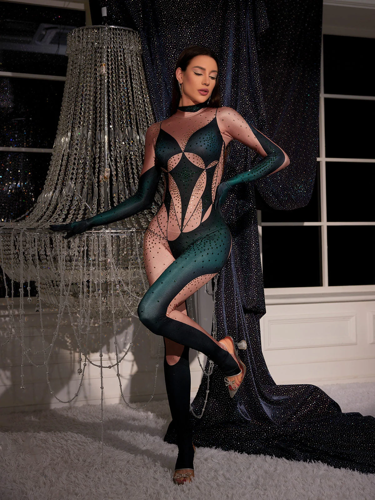 Green Rhinestone Printed Jumpsuit with Elegant Design