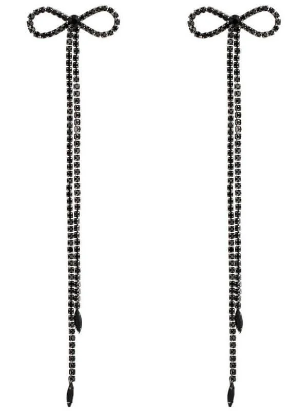 Rhinestone Bow Long Chain Earrings - Sparkling Diamante Design
