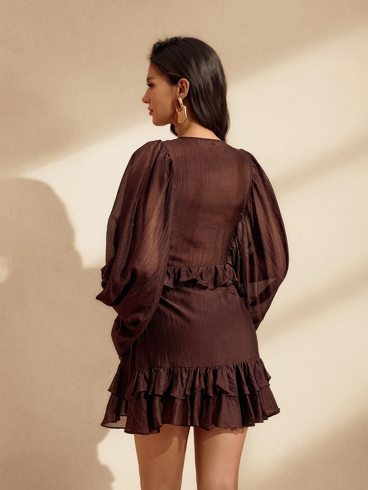 Coffee Balloon Sleeve Ruffle Mini Dress - Elegant & Comfortable