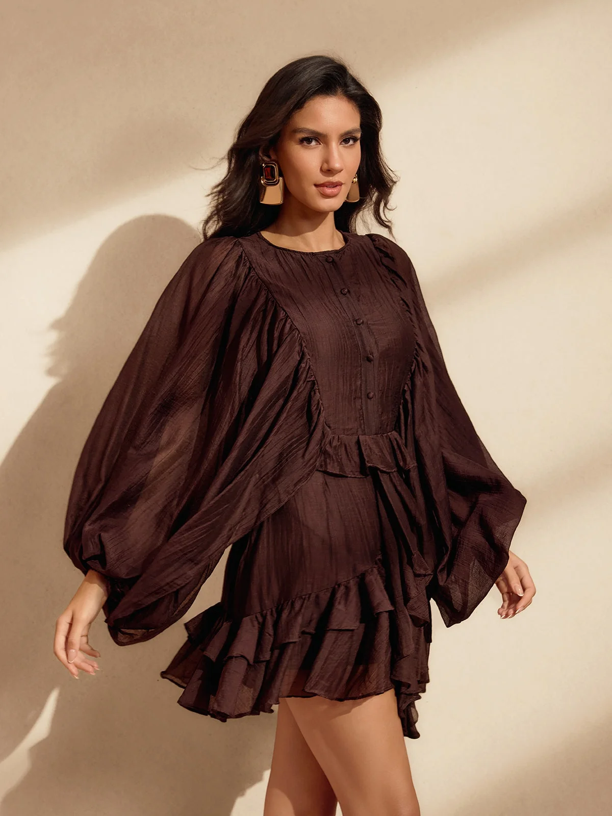 Coffee Balloon Sleeve Ruffle Mini Dress - Elegant & Comfortable