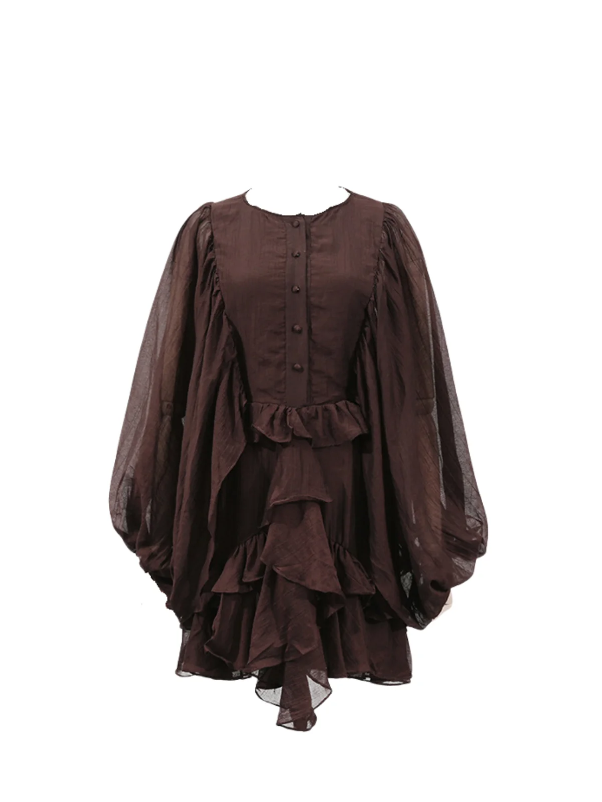 Coffee Balloon Sleeve Ruffle Mini Dress - Elegant & Comfortable