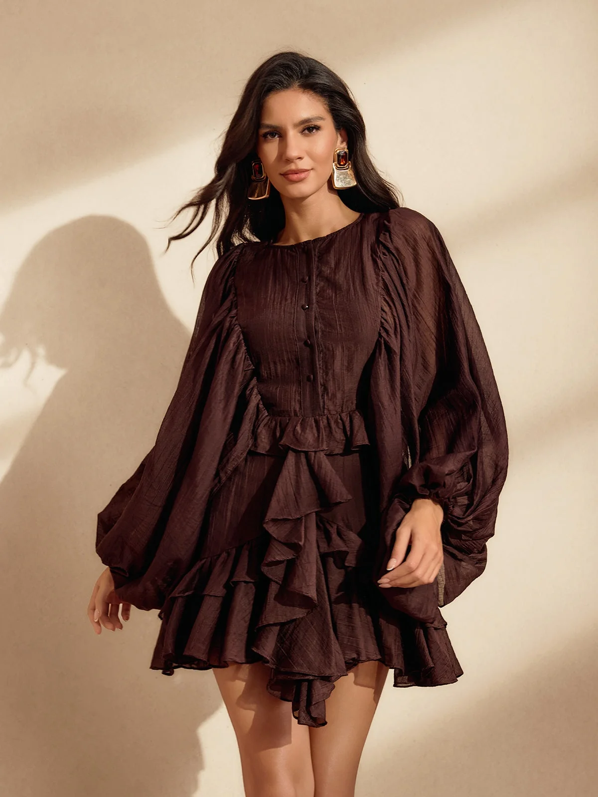 Coffee Balloon Sleeve Ruffle Mini Dress - Elegant & Comfortable