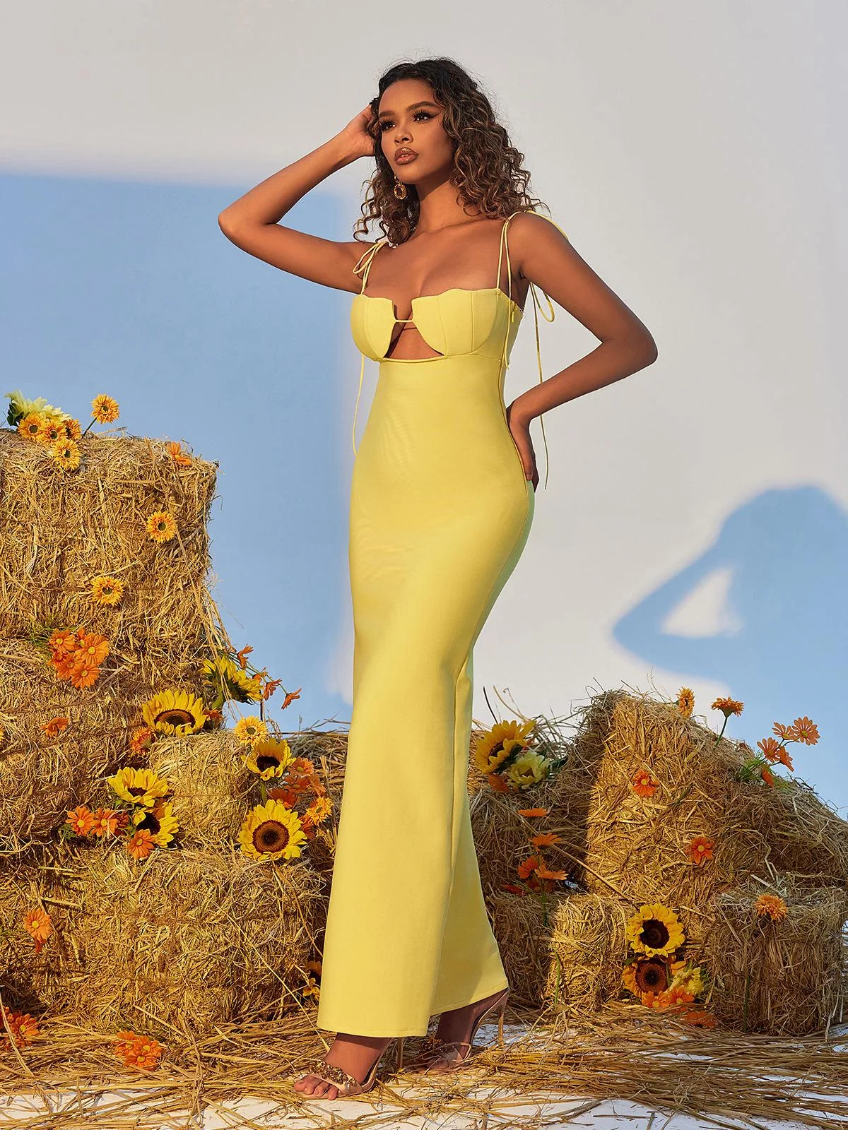Yellow Halter Neck Cutout Maxi Bandage Dress