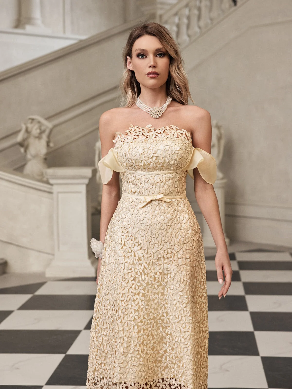 Elegant Embroidered Off-Shoulder Midi Dress