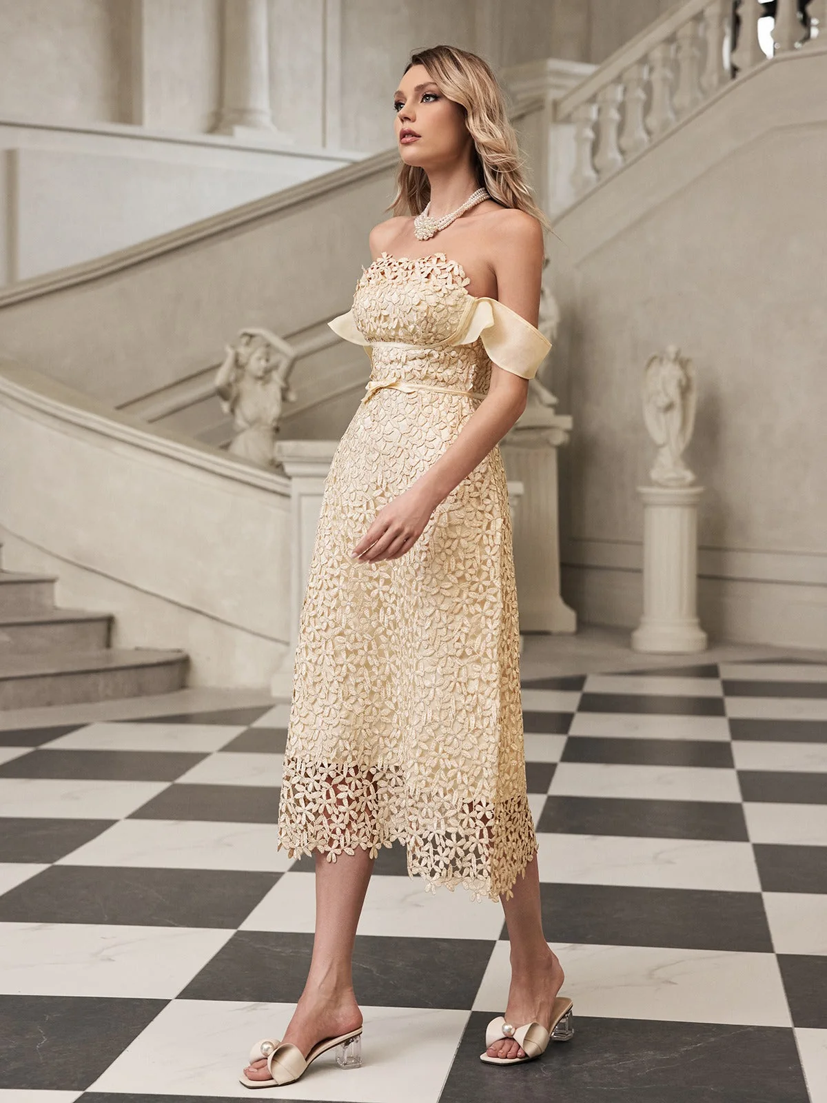 Elegant Embroidered Off-Shoulder Midi Dress