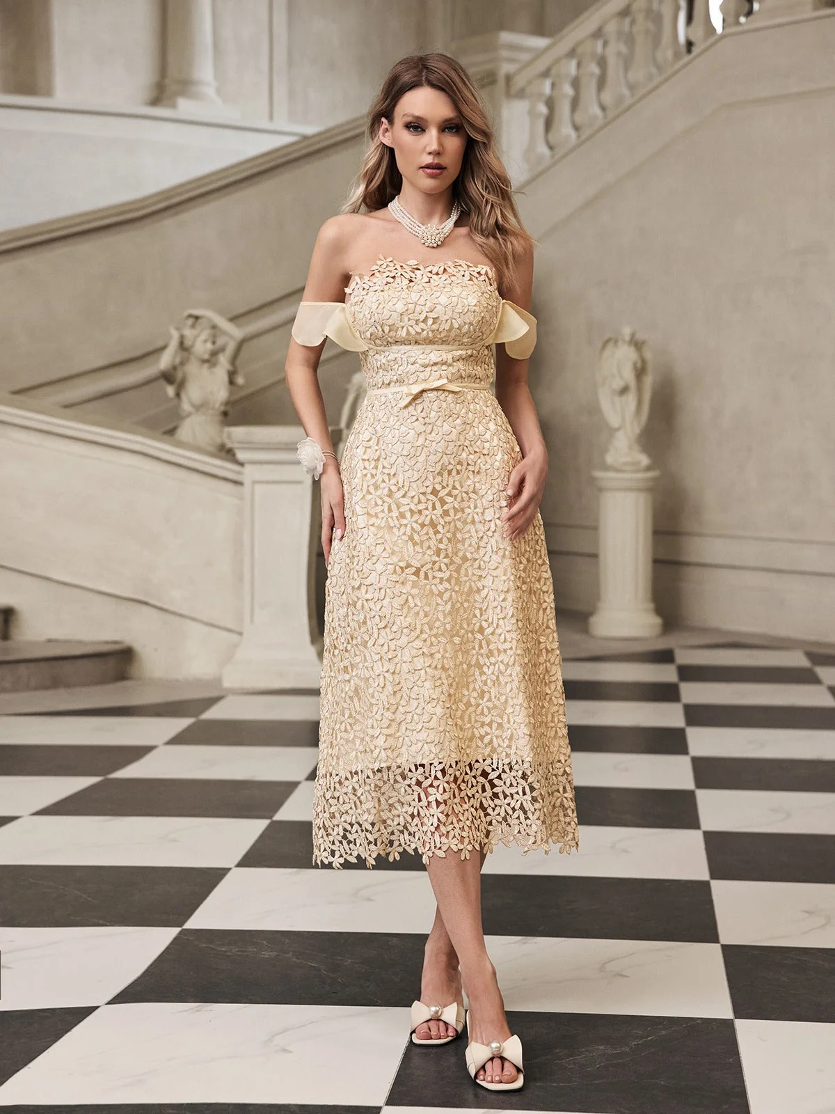 Elegant Embroidered Off-Shoulder Midi Dress