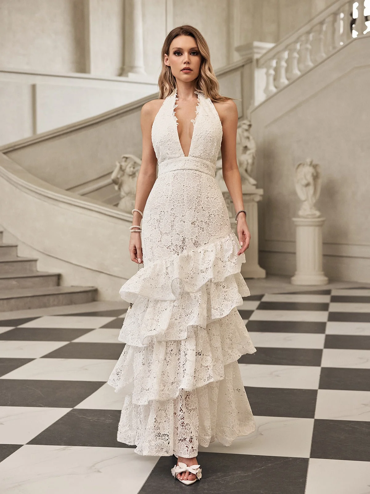 White Lace Halterneck Ruffle Maxi Dress