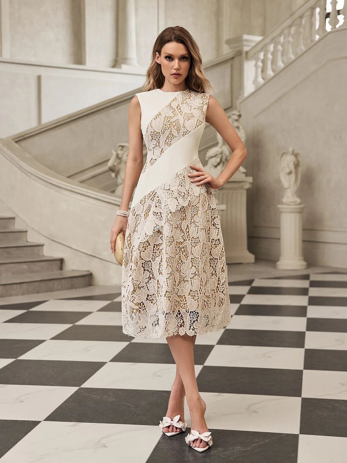 White Lace Sleeveless Midi Dress - Elegant Tea Dress