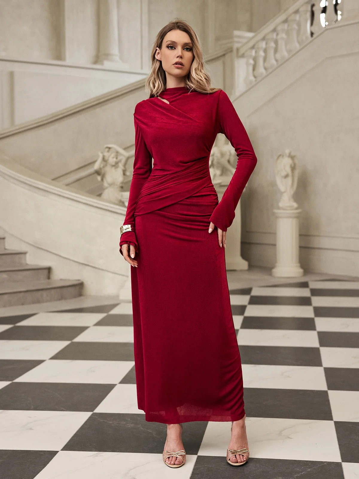 Velvet Long Sleeve Maxi Dress in Wine | Elegant Design