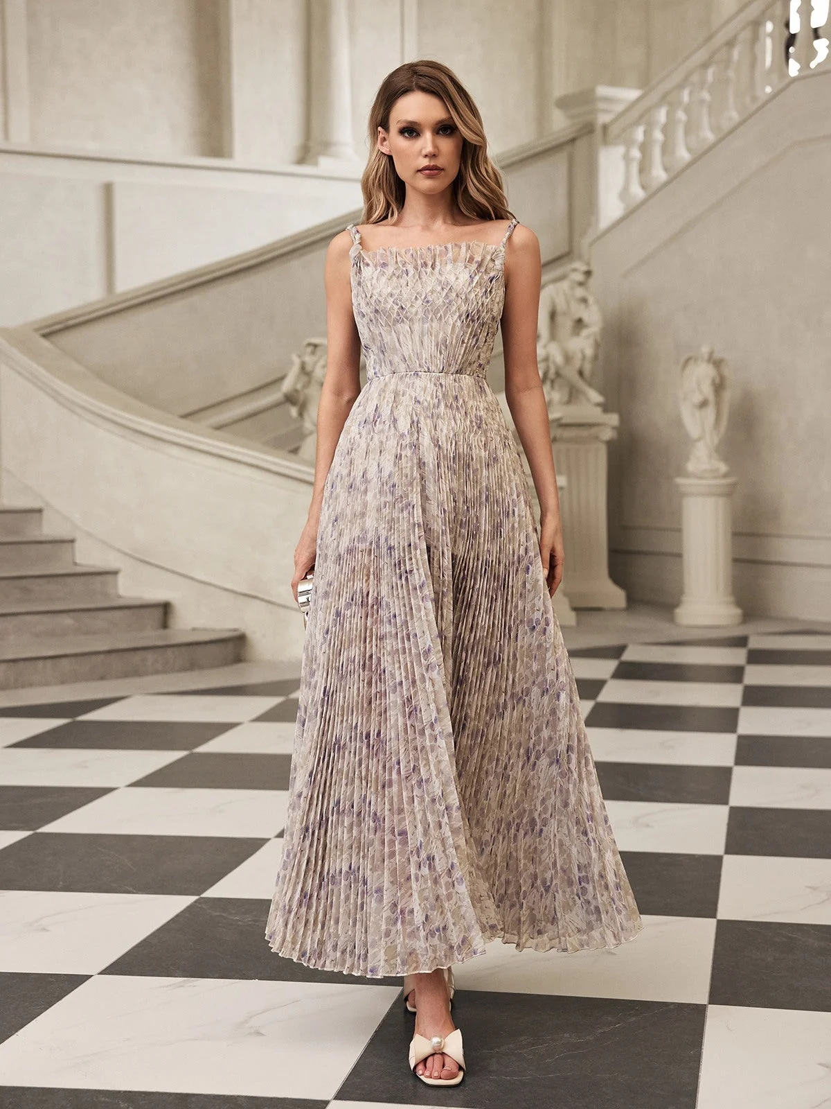 Printed Pleated Maxi Dress with Spaghetti Straps