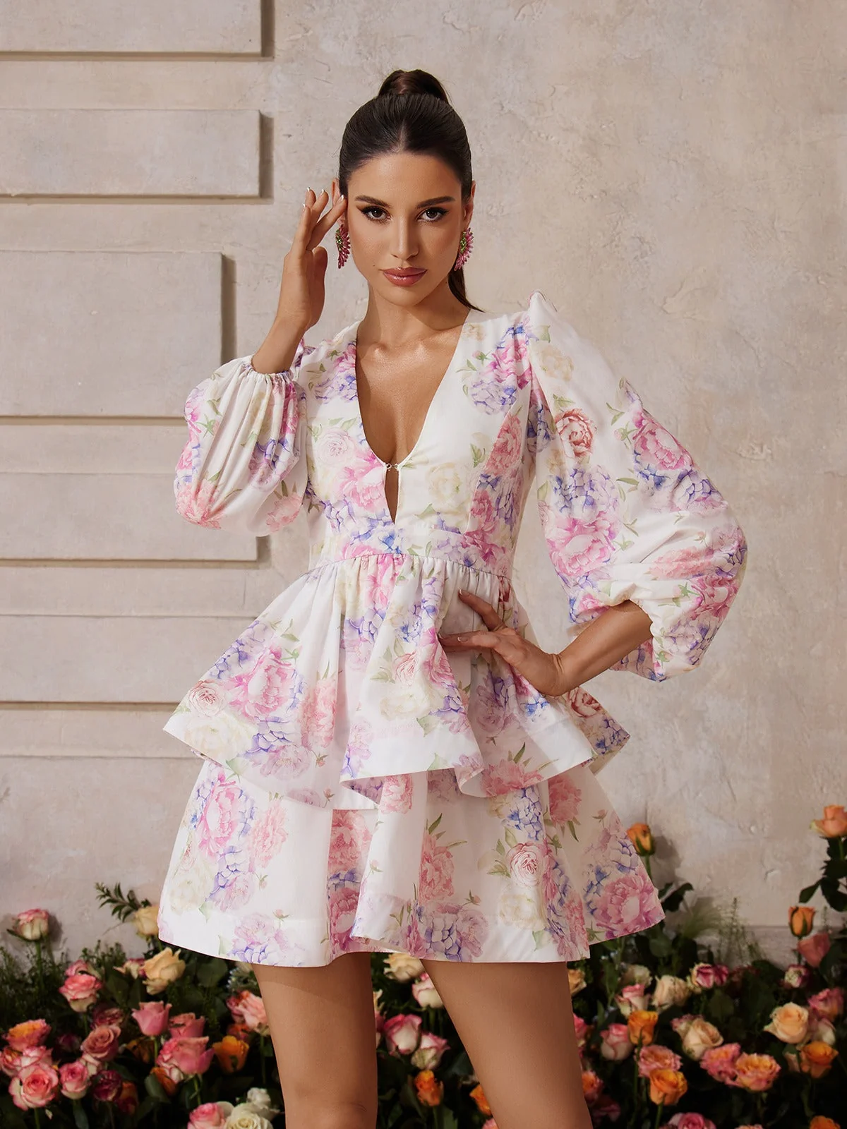 Floral Print Mini Dress with Balloon Sleeves