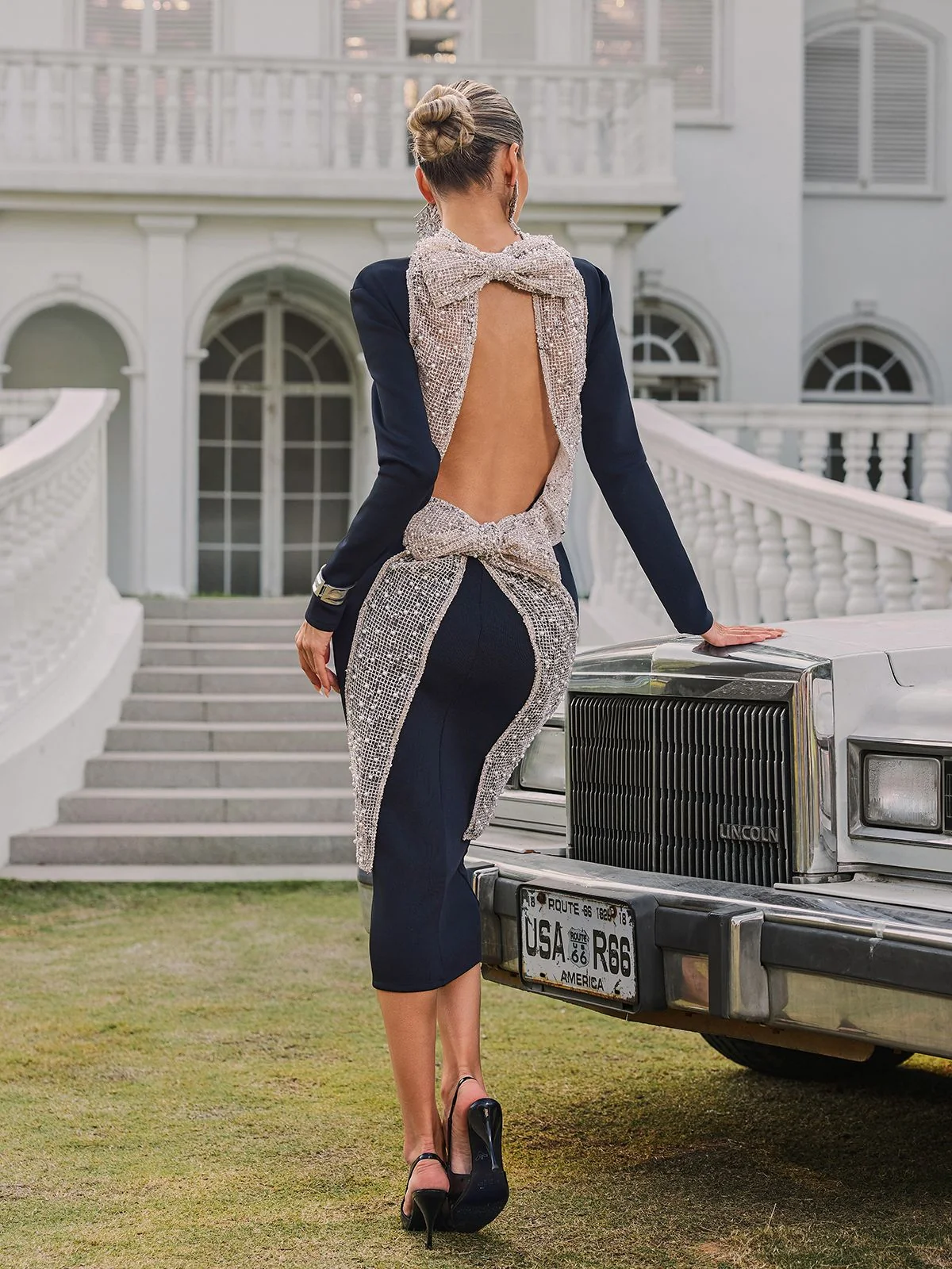 Black Pearl Embellished Backless Midi Dress