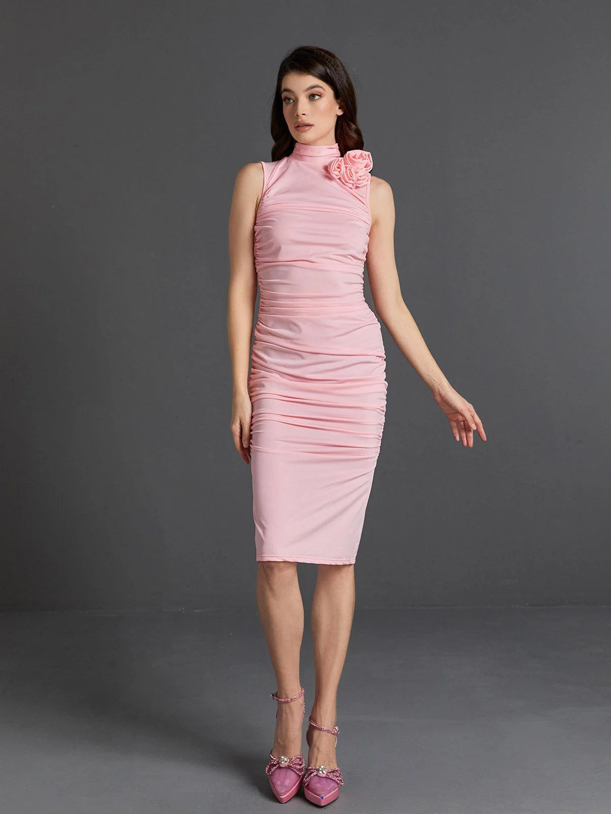 Pink Floral Ruched Sleeveless Midi Dress - Elegant Cocktail Attire
