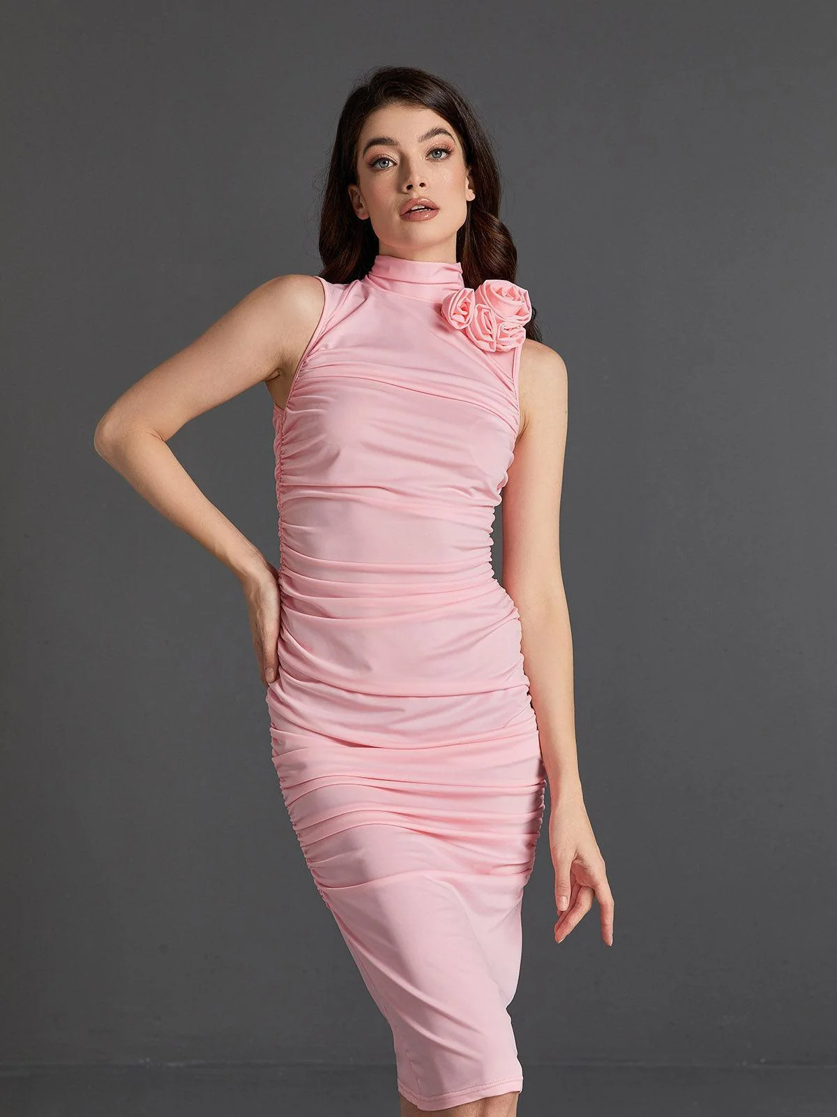 Pink Floral Ruched Sleeveless Midi Dress - Elegant Cocktail Attire