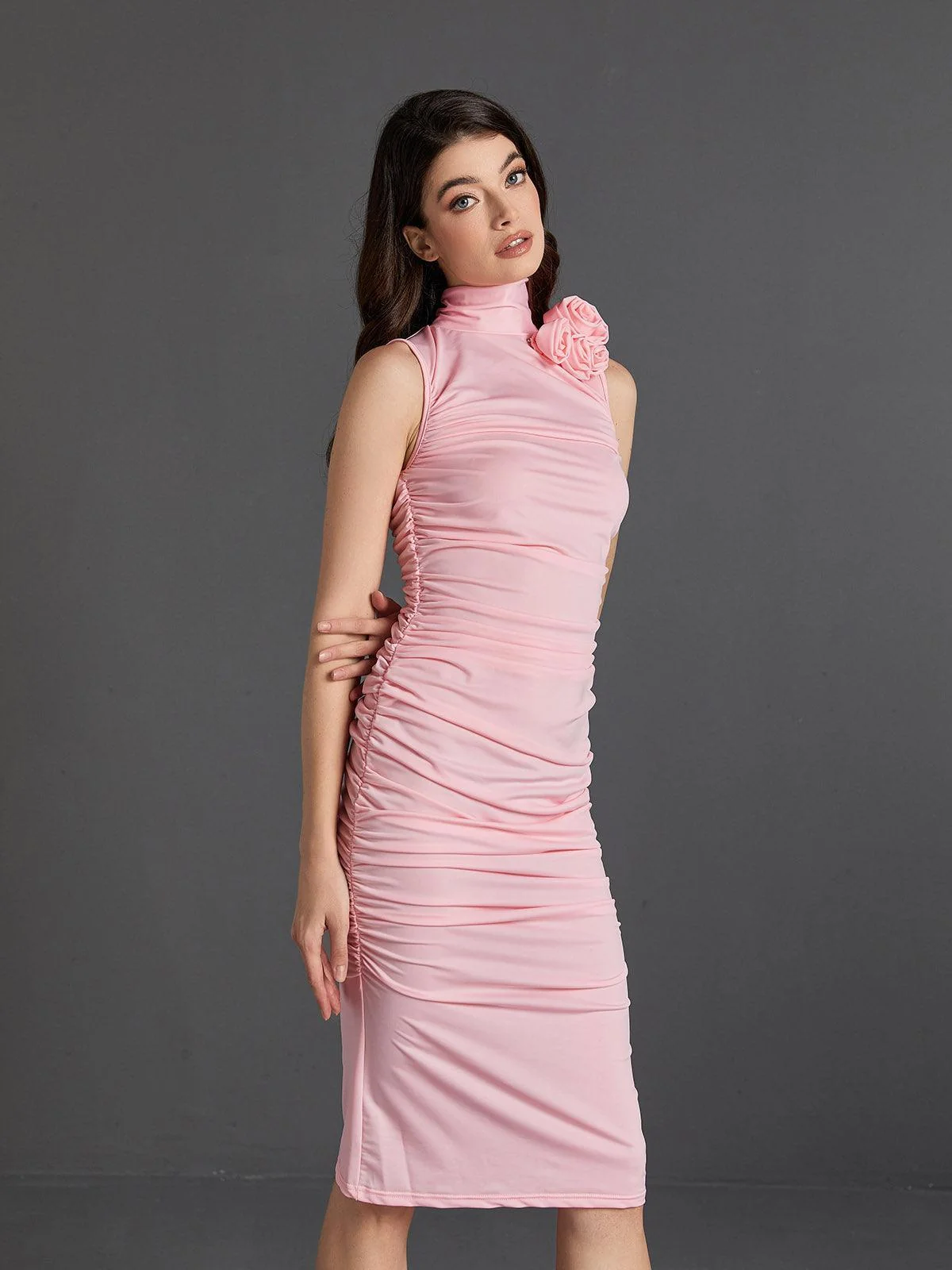 Pink Floral Ruched Sleeveless Midi Dress - Elegant Cocktail Attire