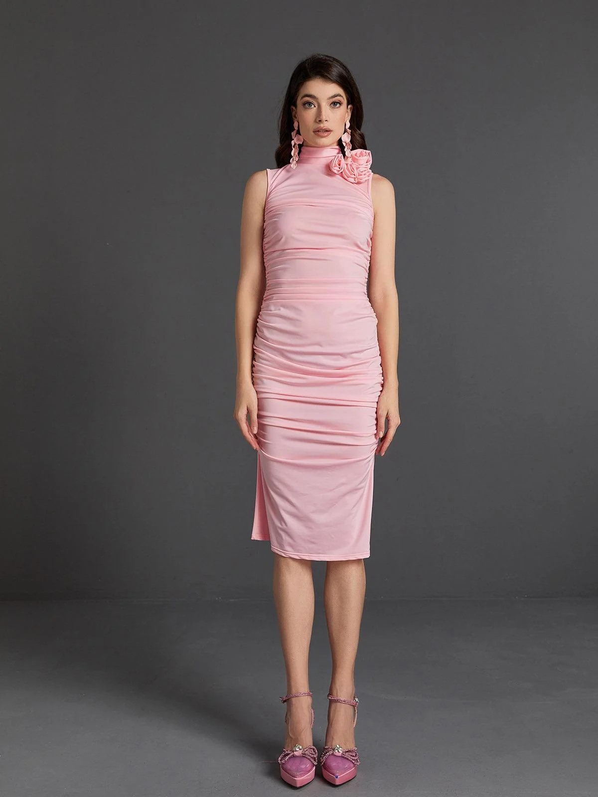 Pink Floral Ruched Sleeveless Midi Dress - Elegant Cocktail Attire