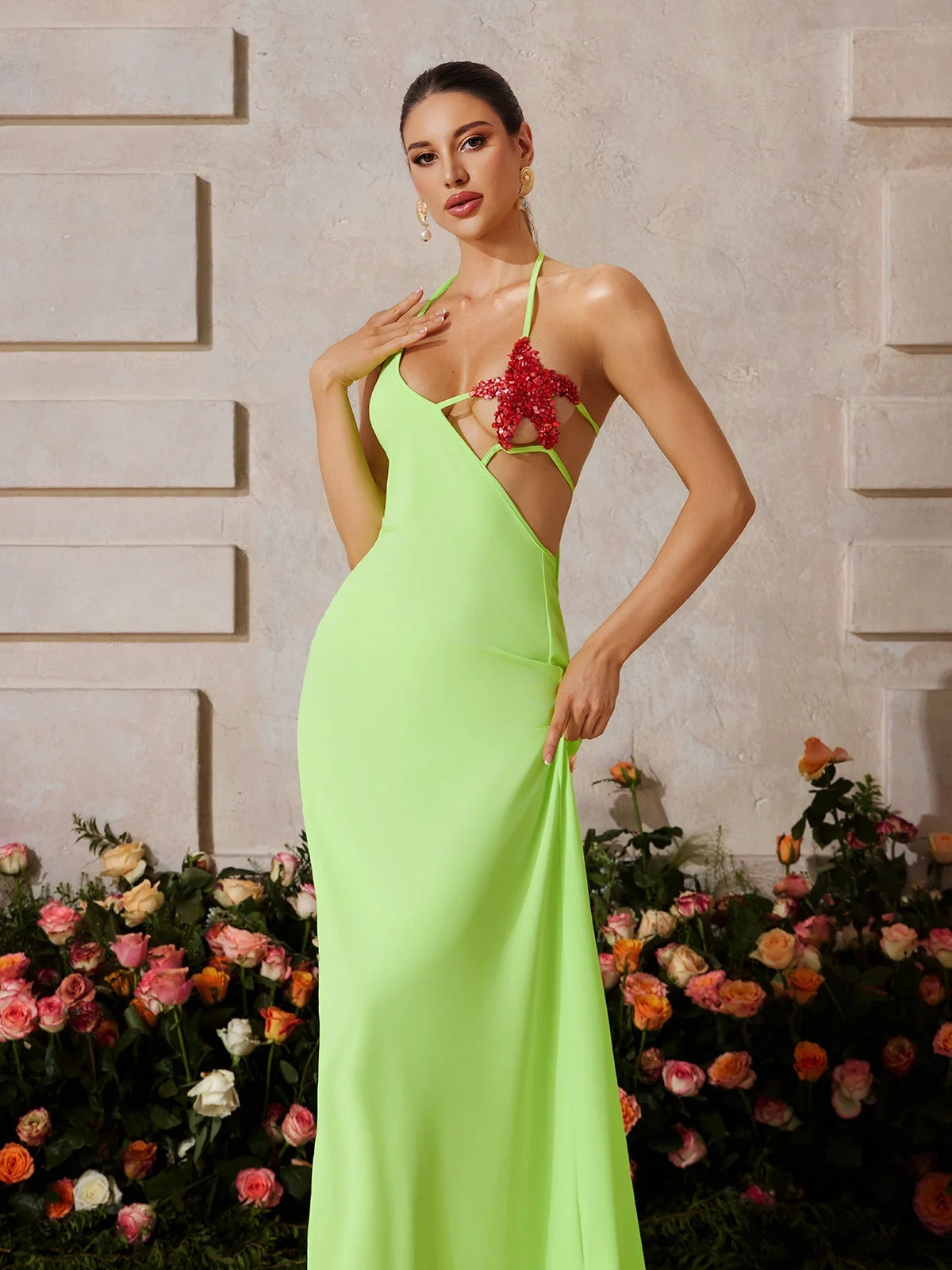 Green Starfish Bustier Maxi Dress with Split Skirt