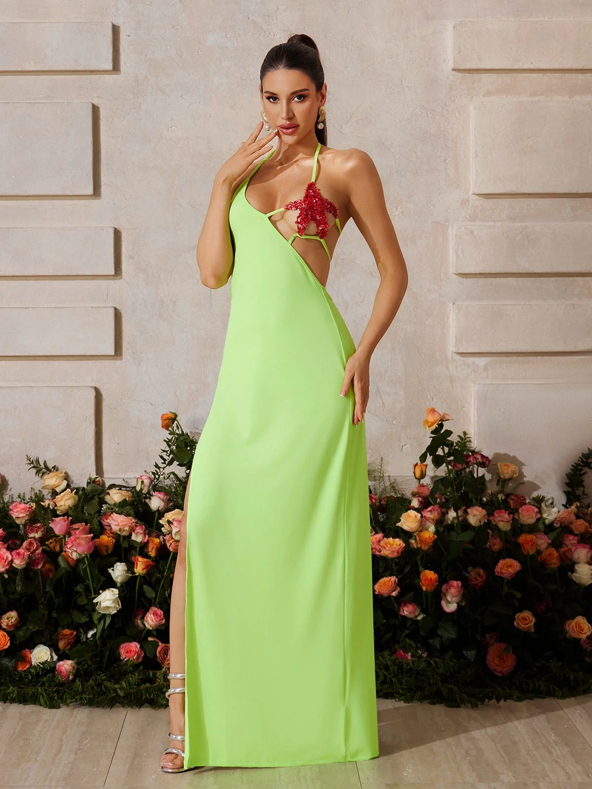 Green Starfish Bustier Maxi Dress with Split Skirt